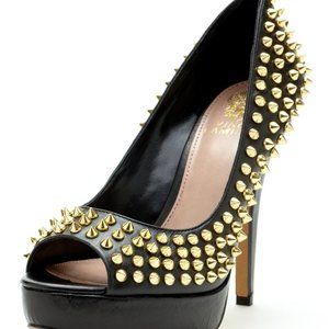 Vince Camuto Mandie Black Leather Gold Studded Platform Peep Toe Heels 6.6